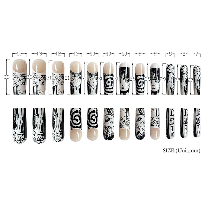 Long Black White Halloween Anime False Nails - Square, Full Cover Glossy Acrylic Artificial Nails - Stick On for Women with Design