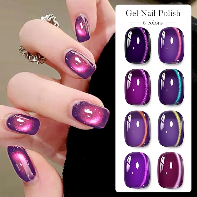 MEET ACROSS 9Pcs Cat Eye Gel Nail Polish Set Glitter Purple Magnetic Gel Polish Kit with Magnet, Sparkly Shiny Magnetic Cateye Nail Polish DIY Manicure Kit 8 Colors