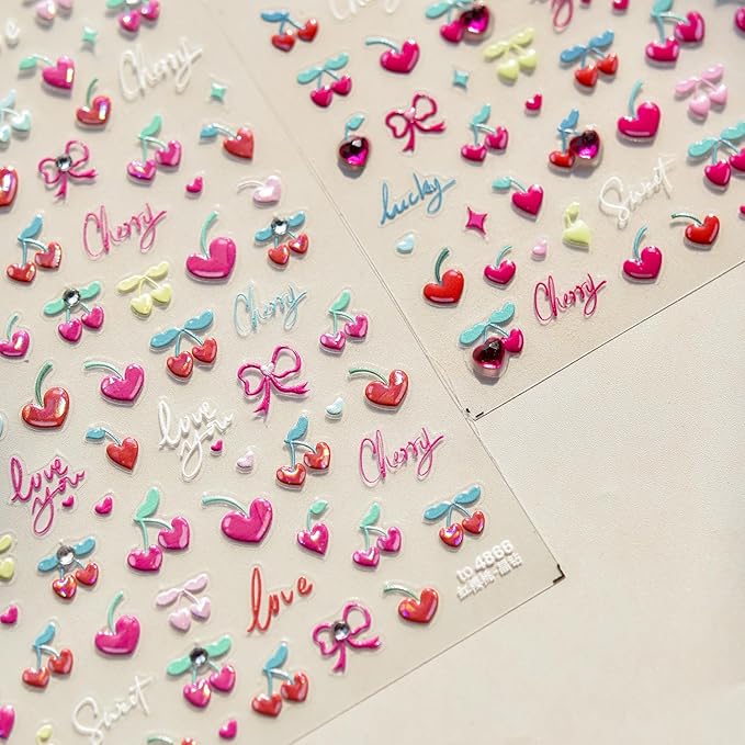 Cherry Nail Art Stickers Heart Nail Decals 5D Embossed with Diamond Design Self Adhesive Bow Nail Stickers Spring Summer Manicure Sticker Supply for Women Girls Kid Nails Decoration Accessories