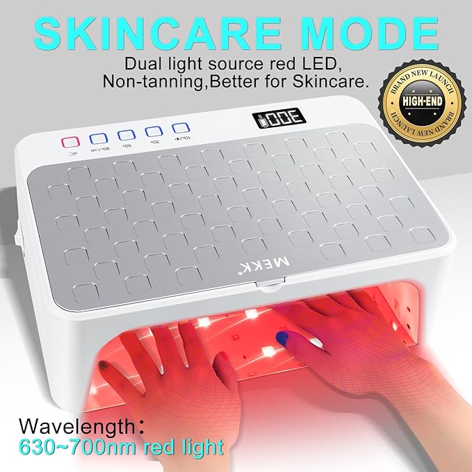 MEKK Professional UV LED Nail Lamp - Luxury Cordless UV Light for Gel Nails with Red Light Skincare,4+2 Timer Modes,Two-Hand Design, Nail Lamp for Salon & Home-White