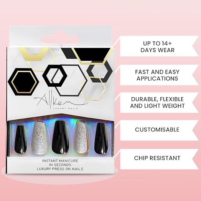 Allkem Press On Nails |Midnight Black Medium Long Tapered Ballerina 10 sizes - 20 pcs Coffin Nail Kit with Glue