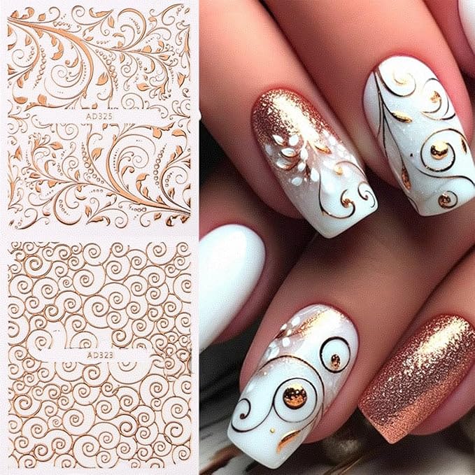 30 Sheets Rose Gold Nail Art Stickers Decals, 3D Baroque Floral Design Self Adhesive Nail stickers, Gold Line Nail Art Decals for Acrylic Nails Women and Girls Nail DIY Supplies Decoration Accessories