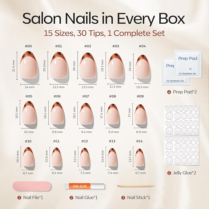 Modelones French Tip Press on Nails Almond, Short Almond Fake Nails, Semi-Transparent Soft Nail Kit with Nail Glue Adhesive Tabs Nail File, Salon Quality Nails Press Ons 30Pcs 15 Sizes, French Leopard