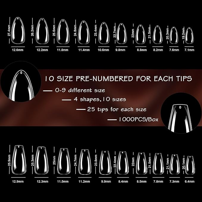 ELLEWIN 1000PCS Nail Tips Clear False Nails Full Cover for Acrylic Nails Kit 10 Sizes 4 Shapes Long Almond Square Coffin Oval Pre-Shape for Salon Home DIY Gifts