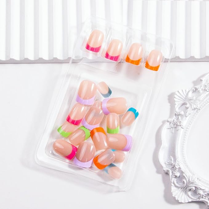 French Tip Press on Nails Short Square Fake Nails Colorful Nail Tips Glossy Cute Acrylic False Nails Reusable Artificial Nail Full Cover Stick on Nails for Women Manicure 24 Pcs