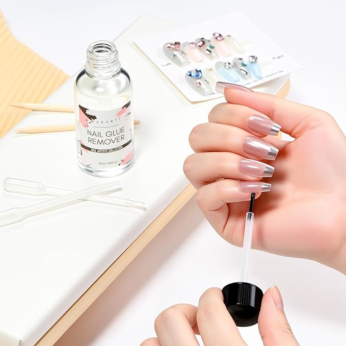 Makartt Press On Nail Glue Remover: Fast and Easy Adhesive Remover for Fake Nails Tips & Glue Off, Hema-Free Debonder Nail Remover Serum with 2 Dropper Applicators and 2 Cuticle Sticks, 30ml
