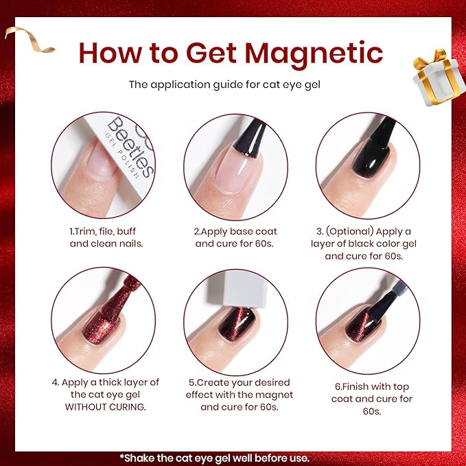 Beetles Cat Eye Gel Nail Polish Set, 6 Colors Glitter Gel Polish Kit Red Pink Shiny Brown Burgundy Purple Blue Green Magnetic Effect Sparkle Stunning Soak Off UV Manicure Gifts for Women