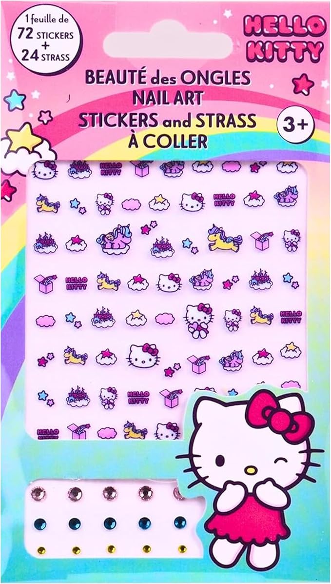 Hello Kitty Nail Stickers – 1 Sheet with 72 Stickers + 24 Rhinestones – Self-Adhesive Nail Art for Girls – Fun Activity & Gift Idea for Birthdays, Crafts, Party Bags and Playdates