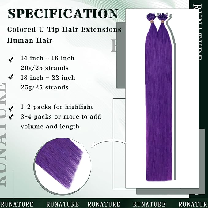 RUNATURE U Tip Human Hair Extensions Purple Hot Fusion Hair Extensions Straight U Tip Keratin Hair Extension Human Hair Purple Pre Bonded for Party 14Inch 20g 25s