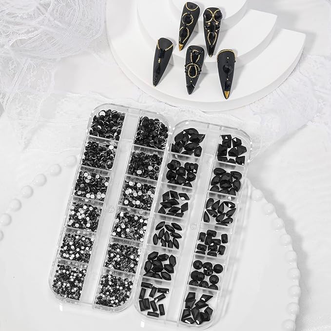 HNUIX Nail Rhinestones - 3D Multi Shape Size Crystal, Black Nail Gems, Flat Back, with Kit, for Nail Art, DIY Decorations