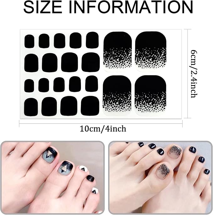 SILPECWEE Toe Polish Strips - Black Full Wraps for Women, Self Adhesive Stickers, Gel Strips for Toenails Decoration With Nail File (20 Sheets)
