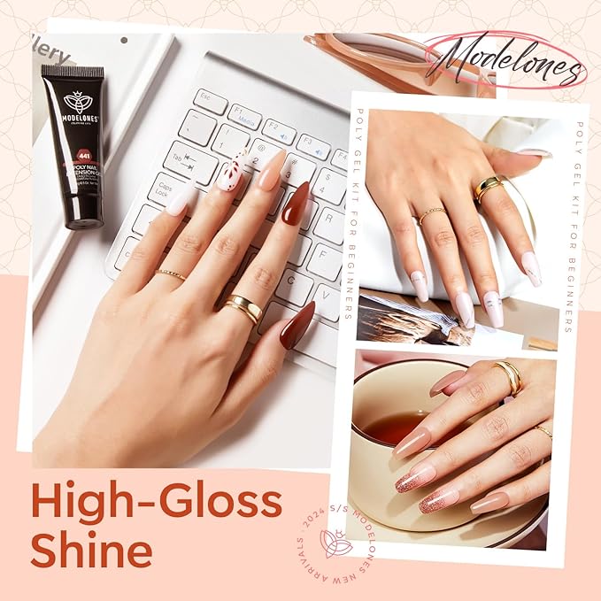 Modelones Poly Gel Nail Kit with Lamp - 20 Color Complete Extension Starter Kit - Nude Pink Glitter Red with Nail Art Tools and Gifts for Women