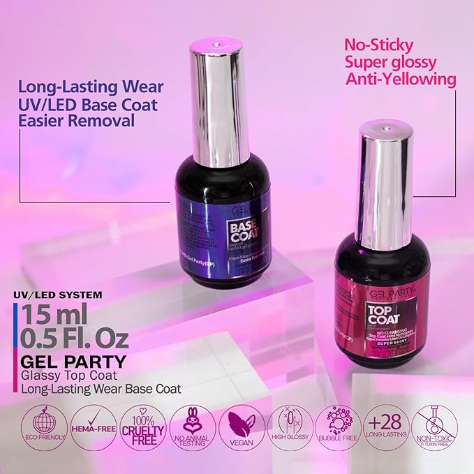 GELPARTY Gel Top Coat & Base Coat Set 2x15ml – No Wipe, HEMA-Free, Long-Lasting UV/LED Soak-Off Gel Nail Polish Kit, High Gloss Shine, Strong Adhesion, Chip-Resistant, Salon & DIY Manicure Essentials