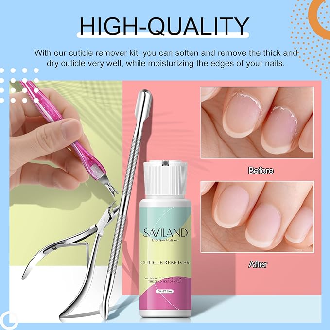 SAVILAND Cuticle Remover Kit Professional Nail Care Manicure Kit - 2.03 OZ Cuticle Remover Liquid Cream with Cuticle Trimmer, Cuticle Nipper and Cuticle Pusher, Christmas Gifts for Women