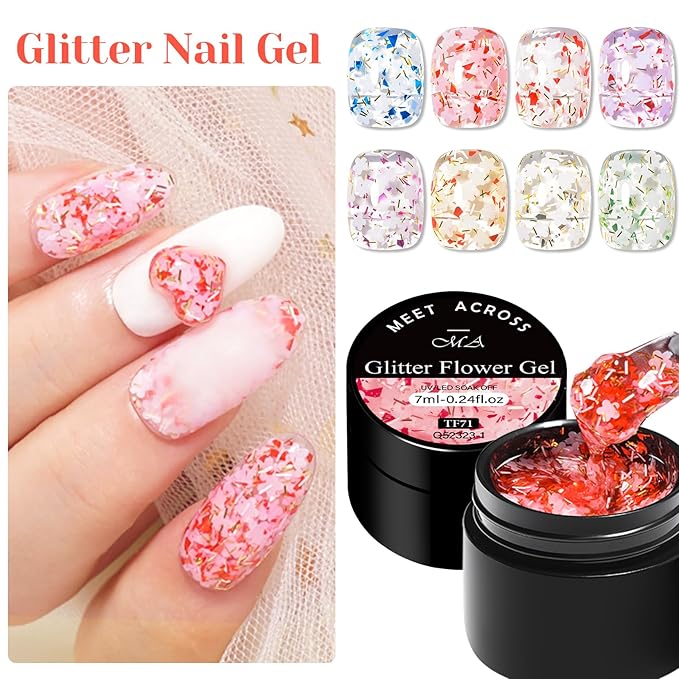 MEET ACROSS 9Pcs Glitter Gel Nail Polish Set Petal Gel Polish Kit with 1Pc Nail Brush, Soak Off Nail Art Design Salon at Home DIY Manicure Kit Gifts for Women Girls 8 Colors