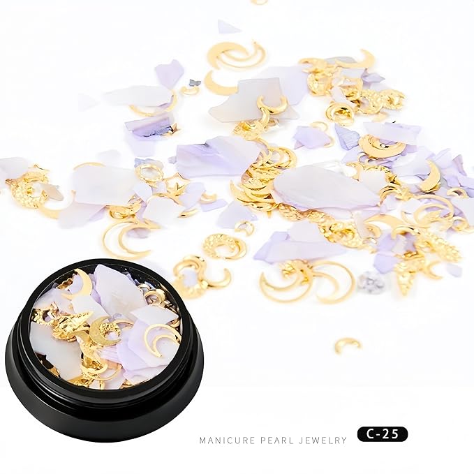 3D Nail Charms Nail Art Kit with 8 Jars of Nail Gems,Half-Round Pearls,Gold Metal Rivets,1 Nail Sculpting Clip&1 Dual-Ended Brush–DIY Manicure Set for Wedding,Party,Holiday,Home Salon (SET-B)
