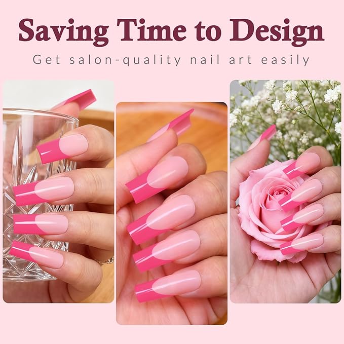 120PC Pink French Tip Press on Nails Long Fake Nails Press ons with 5*Adhesive Tabs, Pink Square Acrylic Nail Press on Nail French Tip Nails False Artificial Fingernails Stick on Nails-E