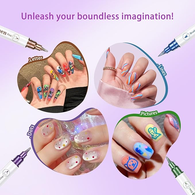 10 Colors Nail Art Pens Set, Metal Giltter 3D Nail Marker Double-ended Nail Point Dotting Pen,Drawing Painting Liner Brush for DIY Nail Manicure Tools for Home Salon Beginners (10 Colors - A)