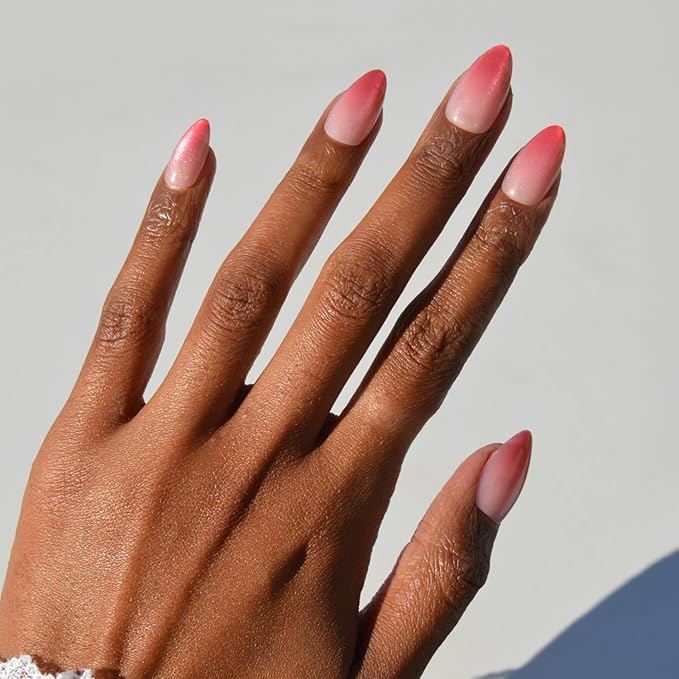 Valentines Day Glamnetic Press On Nails - Faded Feelings | Short Almond Fake Nails with Pink Velvet Ombre Tips in a Velvet & Glossy Finish, Salon Quality | 15 Sizes - 30 Nail Kit with Glue