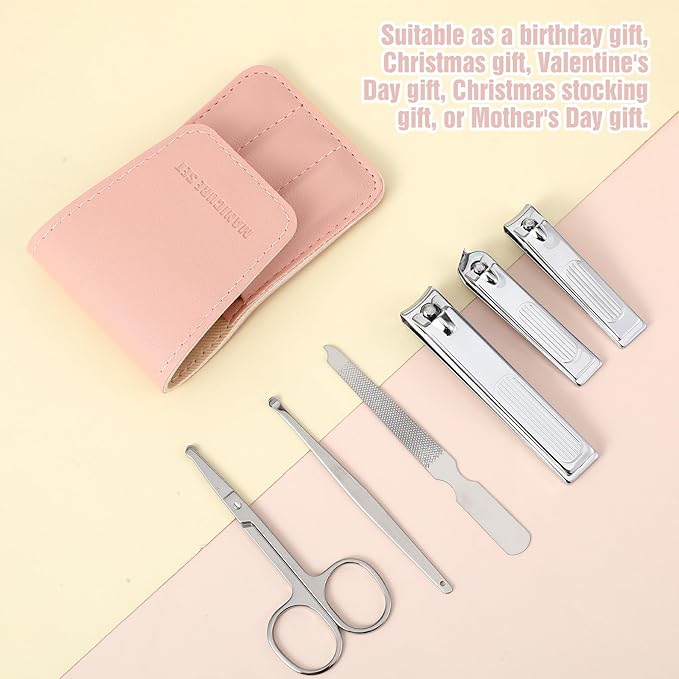 Nail Clipper Set for Women, 6 Pcs Stainless Steel Grooming Kits,Nail Care Tools with Pink Leather Bag for Adults, Suitable for Home, Workplace, Outdoor Travel, Gift Giving, Salon（Pink）