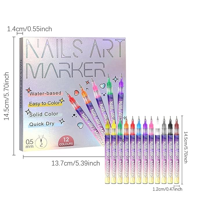 12 Color Nail Art Pens 0.5 MM Nail Polish Pens Set Nail Point Graffiti Dotting Pen + 24 Pcs Template Stickers Drawing Painting Lines DIY Manicure Art Waterproof and Quick-drying Nailart Markers Kit
