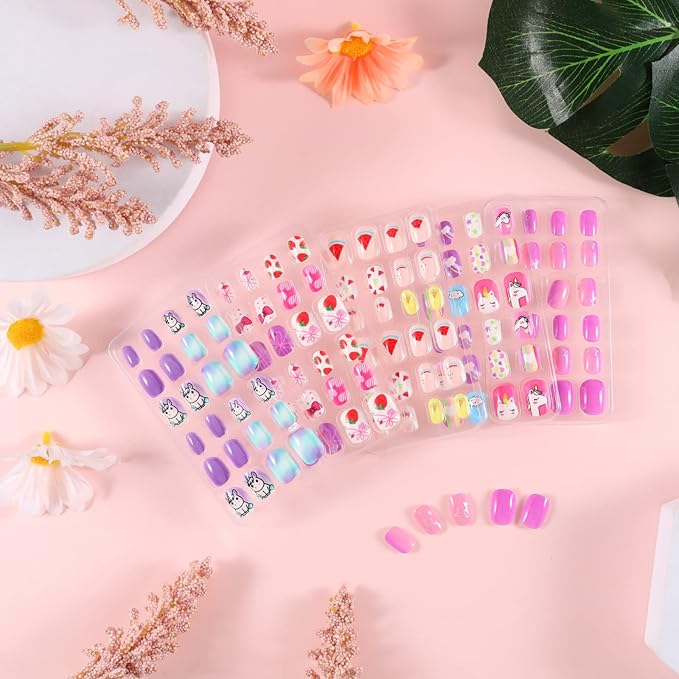 SIUSIO 120 Pcs 5 Pack Children Acrylic Fake Nails Press on Pre-glue Full Cover Glitter Gradient Color Rainbow Short Kids Stick On False Nail Art Kits Set for Kids Little Girls - Cutie Unicorn Theme