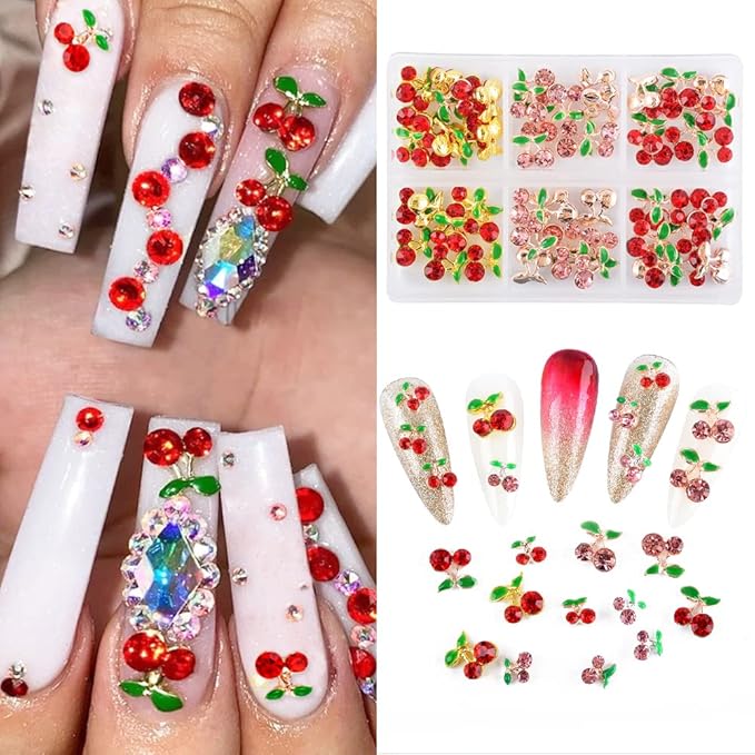 60Pcs Cherry Nail Charms 3D Cherry Nail Rhinestones Glitter Nail Gems Metal Gold Rose Gold Kawaii Fruit Nail Charms for Girl DIY Nail Art Craft Accessories