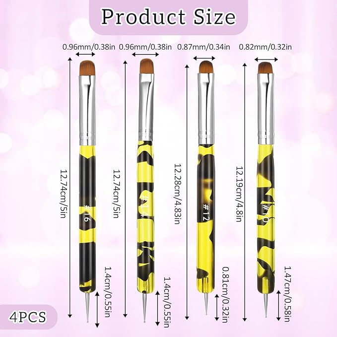 4pcs French Tip Brush for Nails French Gel Acrylic Nail Art Brush Two Way Professional Nail Art Brush with Dotting Tool for Cuticle Clean up Detailed Designs Nail Dotting Pen (10#, 12#, 14#, 16#)