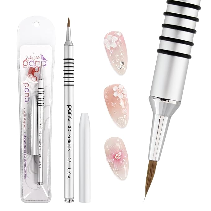 PANA 3D Kolinsky Nail Art Brush - Silver Non-Slip Handle, Size 2 - Acrylic Nail Art Sculpture Brush for Manicures Pedicure Salon Professional or Beginner