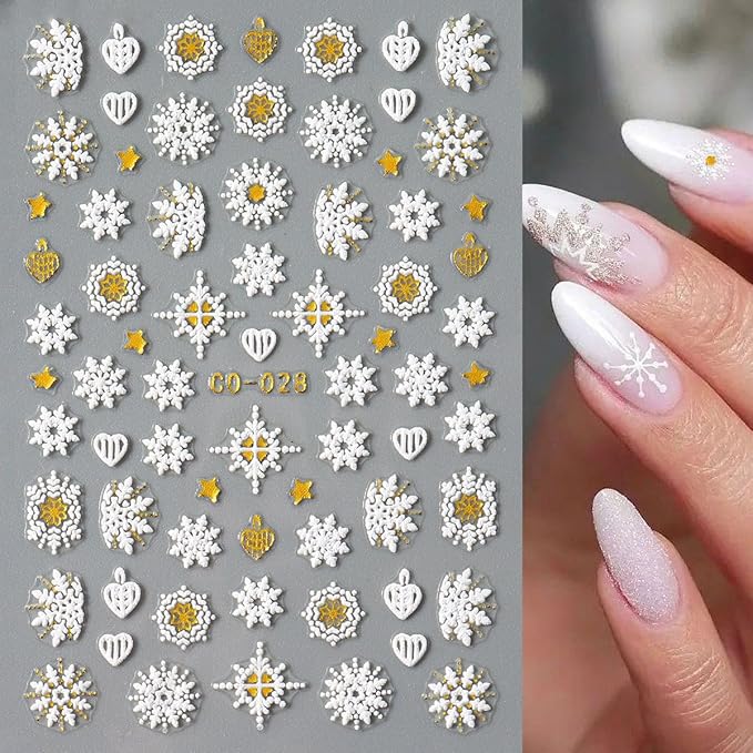 12 Sheets White Snowflakes Nail Art Stickers Decals, Pegatinas Uñas 3D Self-Adhesive Christmas Gold Snowman Elk Xmas Winter Nail Decals, Zoance Nail Art Design Decoration Accessories for Acrylic Nail