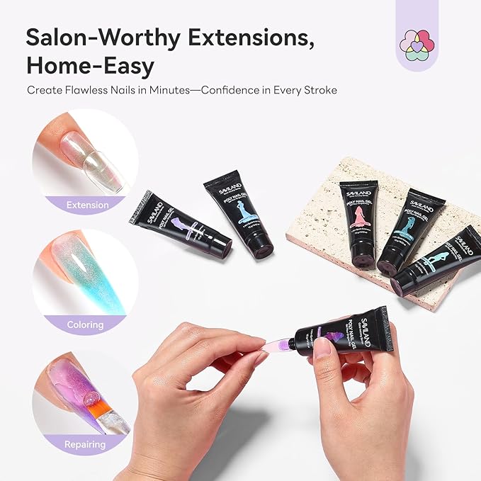 SAVILAND Hema-Free Poly Gel Nail Kit: 6 Colors 28-Day Lasting Poly Gel, Fine Shimmer Pink Blue Purple Poly Extension Gel Nail Kit, Beginner-Friendly for Nourishing Nail Extension Enhancement Home DIY
