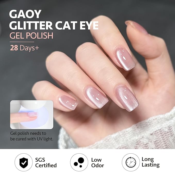 GAOY Pink Glassy Cat Eye Gel Nail Polish, 16ml Glitter Holographic Nail Polish with Magnet, Reflective Translucent UV Gel, 2333 Light Rose