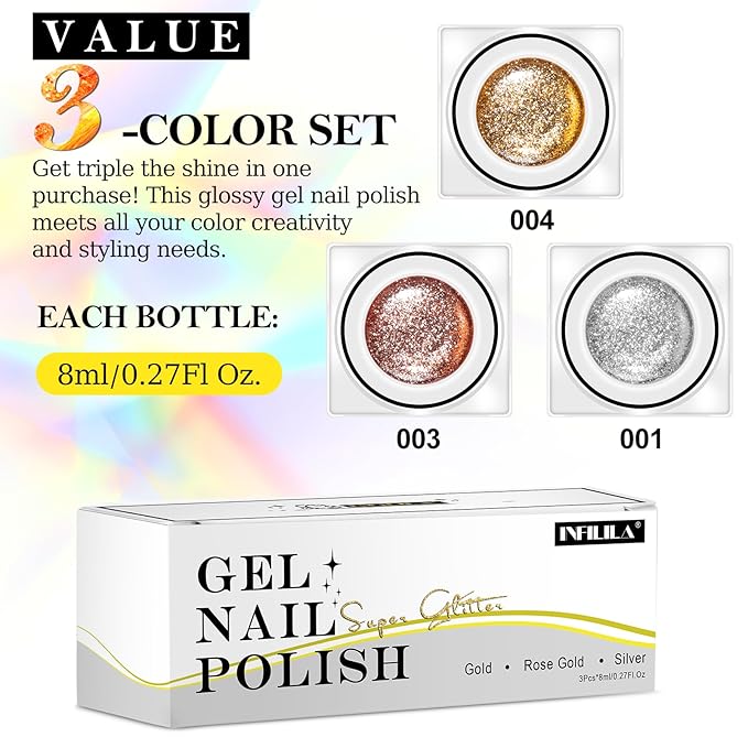 NXJ INFILILA Glitter Gel Nail Polish Set, 3 Colors Gold Silver Rose Gold Reflective Metallic Gel Polish, Holographic Sparkle Long-Lasting Soak Off UV LED Cured Gels for Salon DIY Manicure