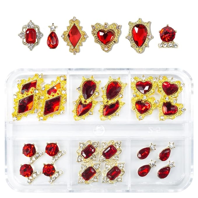 24pcs Red Nail Rhinestones Luxury Nail Charms Ruby Red Heart Charms for Nails 3D Big Nail Gems Crystals Diamonds Jewelry Stones Alloy Nail Art Studs Nail Art Decoration for Arylic Nails Crafts