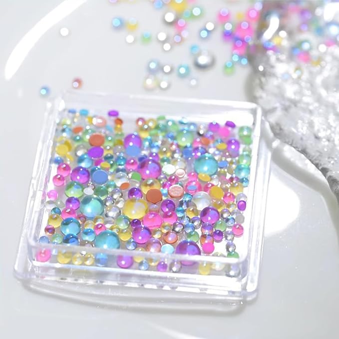 200Pcs Colorful Bubble Beads Mermaid Nail Art Charms Aurora Pearls Candy Caramel Stone Mix Nail Art Rhinestones Half-Round Flat Back Rhinestones for Nails Small Glass for Crafts Nail Art Accessories