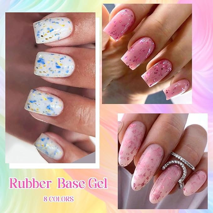 MEET ACROSS Rubber Base Gel Polish, 12pcs*7ml Builder Gel Gold Foil Pink Red Purple Blue Silver Foil White in a Bottle UV Gel Polish Kit, Structure Quick Extension Gel