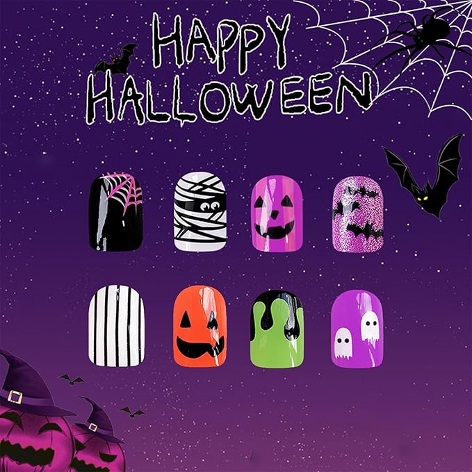 2 Packs 48Pcs Halloween Press on Nails Short Square Fake Nails Ghost Acrylic Nails Pumpkin Bat Designs Glue on Nails Winter Xmas Stick on Nail Kids for Women Girls Manicure Decoration