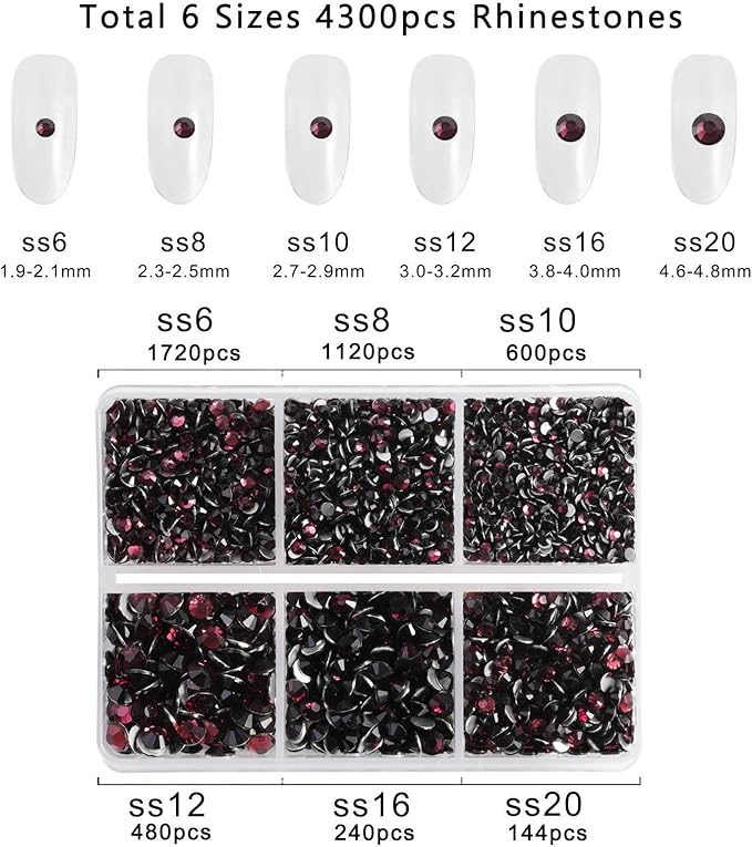 Beadsland 4300pcs Flatback Rhinestones,Burgundy Rhinestone Nail Gems Round Crystal Rhinestones for Crafts,Mixed 6 Sizes with Picking Tweezers and Wax Pencil Kit, SS6-SS20,Amethyst