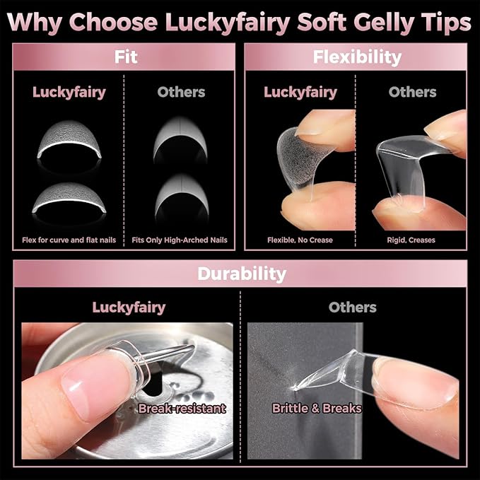Square Nail Tips: 240Pcs Short Squoval Soft Gel Tips, Pre-Etched Full Cover Gelly Fake Nails, No Filing Needed, Thin Cuticle & Thick Tip Clear Extension System for DIY Home Salon 12 Sizes