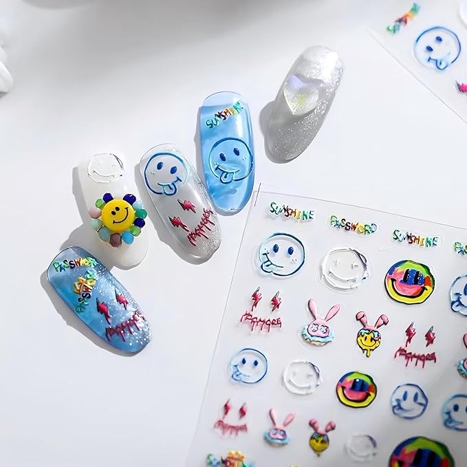 Dedyel Smile Nail Art Stickers 5D Embossed Cute Smile Face Kawaii Self-Adhesive Nail Stickers for Women Girls Kids Nail Art Decoration