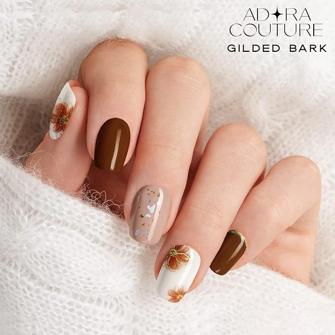 Semi Cured Gel Nail Strips with 30 Pieces, Salon Quality Nail Wraps for Women, UV Light Required, Gilded Flower