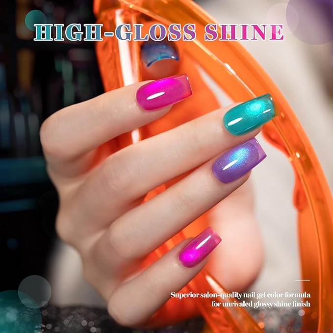 RARJSM Diamond Glitter Cocktail Cat Eye Gel Nail Polish Set 6Pcs Velvet Mint Green Sky Blue Violet Purple Fuchsia Magenta Ruby Red Smoothie Cateye Gelpolish with Magnetic Stick Curing Require