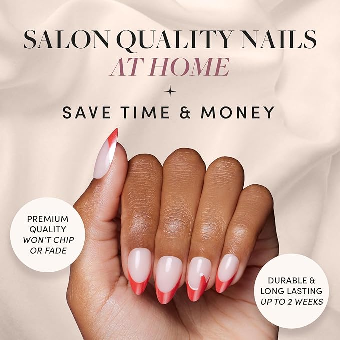 Glamnetic Press On Nails – Mrs. Claus | Short Almond Fake Nails Semi-Transparent Red French Tip Santa Hat Design, Glazed Finish, Salon Quality Holiday Nails | 15 Sizes, 30 Nail Kit