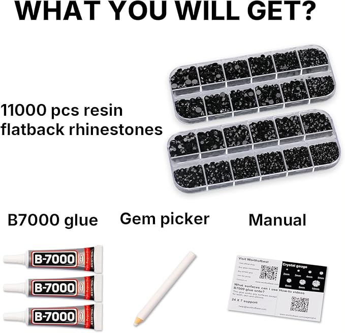 11000Pcs Black 2/3/4/5mm Flatback Rhinestones with Glue for Bedazzling Crafting Clothing Clothes Crafts Shoes Nail Art, Resin Flat Back Gems Crystals Diamonds Gemstones Jewels Stones Kit