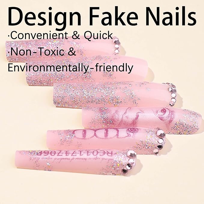 RTKHFZE Long Press on Nails Square Shape Fake Nails with Money Pattern Design Rhinestones False Nails Glitter Full Cover Acrylic Nail Extra Long Nails 24pcs