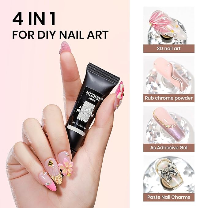 MIZHSE 3D Gel Nail Art, Sculpting Gel Glue 15g for Molding, Drawing, Charms & Gems, Chrome Powder, Rhinestone Design, Clear No Wipe Nail Polish for DIY Winter Christmas Nail Art, Lamp Curing Needed