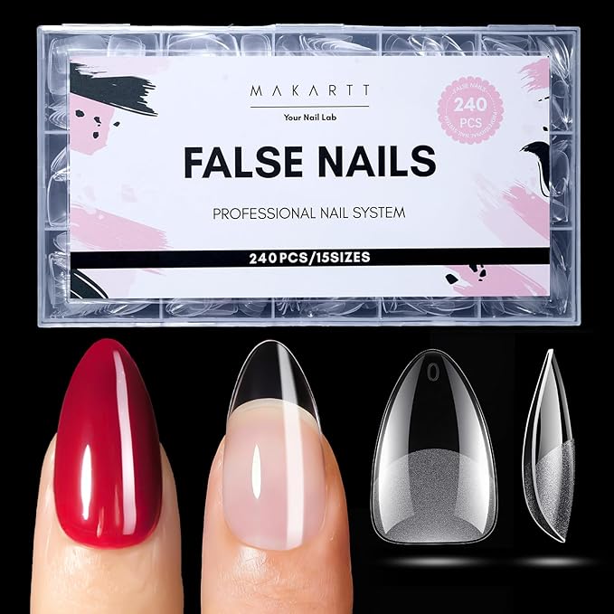 Makartt Short Almond Nail Tips: 240PCS, 15 Sizes, Pre Etched Fake Nails, Clear Gelly Half Matte Full Cover Soft Acrylic Press On Nail Extensions Salon and Home DIY for Flat & Natural Nail Beds