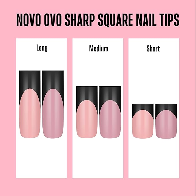 NOVO OVO Soft Gel Nail Tips Square Medium - Black French Tip on Baby Pink Base, 180Pcs Full Cover False Nails for Gel X Extension, Sharp Shape Pre-Designed Press on Nails for DIY Home Salon (15 Sizes)