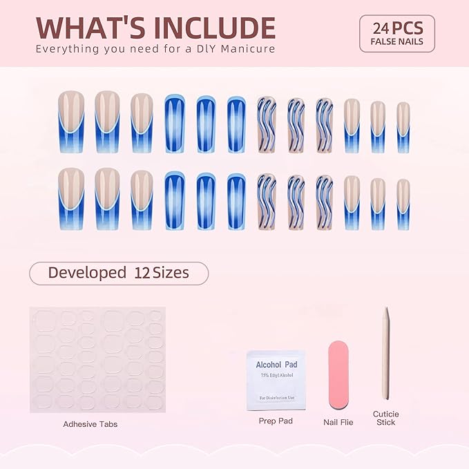 Square Press on Nails Long Blue Ombre Fake Nails with Design French Tips Nail Glue on Nail Glossy Acrylic Nails Press ons Cute False Nails for Women Manicure 24pcs