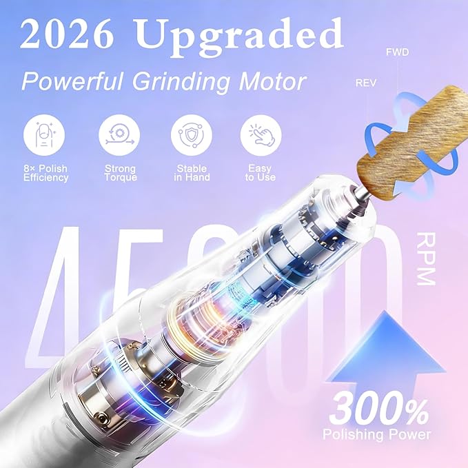 Nail Drill Professional 45000RPM Electric Nail File Kit, Upgraded Rechargeable Cordless Efile Set, Portable Acrylic Gel Nail Polish Remover Machine,Manicure Tool with 11 Gold Bits for Home/Salon